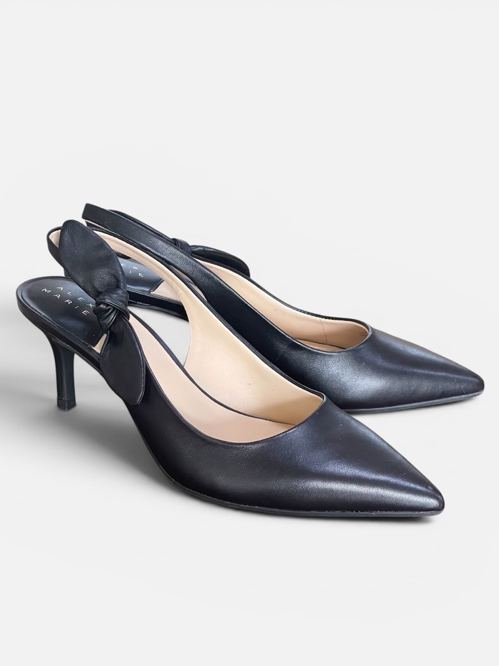 Alex Marie Aaileen Black Leather Bow Slingback Heels Pumps Sz 7 Pointed Toe